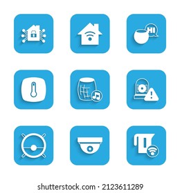Set Voice assistant, Motion sensor, Smart electric kettle, Ringing alarm bell, Robot vacuum cleaner, Thermostat,  and home icon. Vector