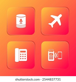 Set Voice assistant, Plane, Telephone and POS terminal icon. Vector