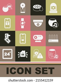 Set Voice assistant, Router and wi-fi signal, Water sensor, Smart home with smart watch, Digital door lock,  and Motion icon. Vector