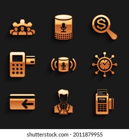 Set Voice assistant, Scientist and test tube, POS terminal, Clock gear, Cash back and Pos icon. Vector