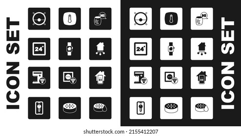 Set Voice assistant, Smart home with smart watch, Thermostat, Robot vacuum cleaner, Mobile and coffee machine icon. Vector