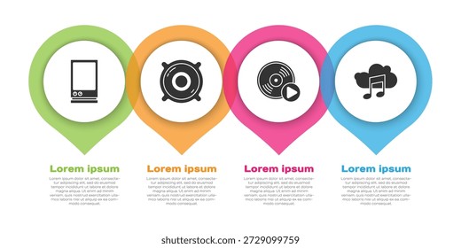 Set Voice assistant, Stereo speaker, Vinyl disk and Music streaming service. Business infographic template. Vector