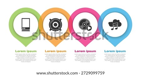 Set Voice assistant, Stereo speaker, Vinyl disk and Music streaming service. Business infographic template. Vector
