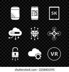 Set Voice assistant, Tablet with text 5k, Lock digital circuit board, Cloud technology data transfer storage, Virtual reality, Internet of things and Processor icon. Vector