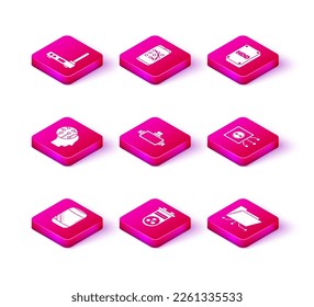 Set Voice assistant, Video graphic card, Human brain digital circuit board, Virtual reality glasses, Folder and lock, Remote control, Hard disk drive HDD and Mobile password protection icon. Vector