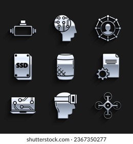 Set Voice assistant, Virtual reality glasses, Drone, File document, Laptop, SSD card, Project team base and  icon. Vector
