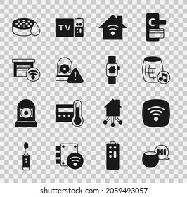 Set Voice assistant, Wi-Fi wireless internet network, Smart home with wi-fi, Ringing alarm bell, garage, Water sensor and smart watch icon. Vector