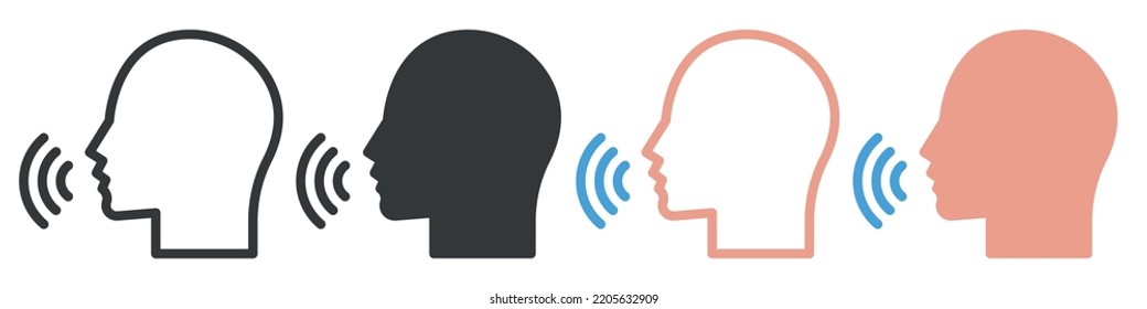 Set of voice control icons. Podcaster symbol, talking command, sound commander. Talk or talking person sign, man with open mouth. Speech icon for interview, vector.