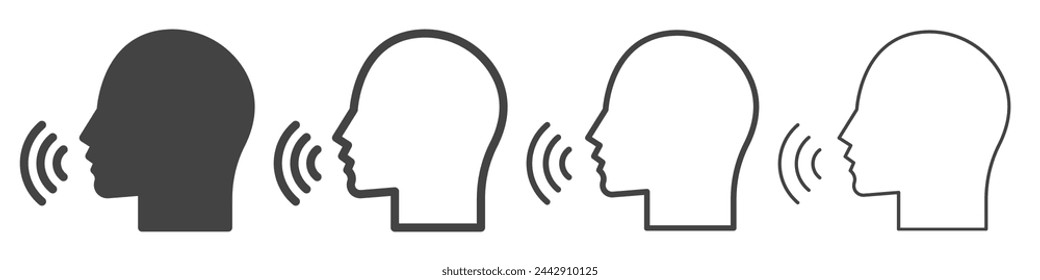 Set of voice control icons. Podcaster symbol, talking command, sound commander. Talk or talking person sign, man with open mouth. Speech icon for interview, vector.