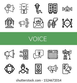 Set of voice icons. Such as Loudspeaker, Robotics, Speaker, Announce, Microphone, Announcement, Dubbing, Robot, Chat, Megaphone, Tambourine, Singer, Chatting, Amplifier , voice icons