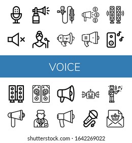 Set of voice icons. Such as Microphone, Mute, Horn, Singer, Lavalier, Megaphone, Announce, Speakers, Music, Speaker, Sound system, Politician, Audio, Robot, Karaoke , voice icons