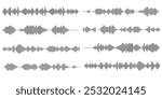 Set of voice message equalizer. Voice sound line with broken lines isolated on white background. Vortex, sonar wave, soundwave, sunburst, signal signs. Vector graphic illustration