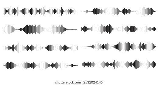 Conjunto de ecualizador de mensajes de voz. Línea de sonido de voz con líneas rotas aisladas sobre fondo blanco. Vórtice, onda sonar, onda sonora, explosión solar, señales de señal. Ilustración gráfica de Vector