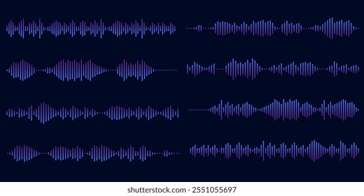 Conjunto de equalizadores de mensagem de voz. Linha de som de voz com gradiente de linhas quebradas em plano de fundo escuro. Vórtice, onda sonar, onda sonora, explosão solar, sinais de sinal. Ilustração gráfica vetorial