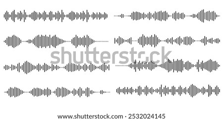 Set of voice message equalizer. Voice sound line with broken lines isolated on white background. Vortex, sonar wave, soundwave, sunburst, signal signs. Vector graphic illustration