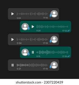 Set voice messages icon with sound wave for social media. Sms template bubbles for compose voice dialogues. Dark interface design. Vector illustration on a white background.