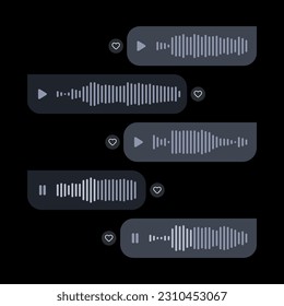 Set voice messages icon with sound wave for social media. Sms template bubbles for compose voice dialogues. Dark interface design. Vector illustration on a white background.