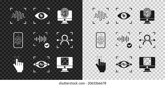 Setzen Sie Voice-Erkennung, Eye-Scan, Monitor mit Fingerabdruck, Fingerabdruck, Gesichtserkennung, Handy und Symbol ein. Vektorgrafik
