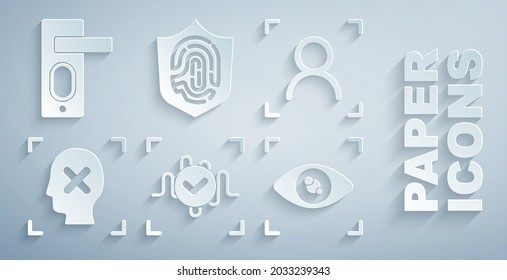 Set Voice recognition, Face, Rejection face, Eye scan, Fingerprint in shield and door lock icon. Vector