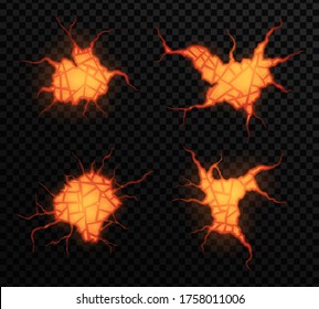 Satz von Vulkanriss mit Lava einzeln auf transparentem Hintergrund, leuchtende Krevizen. Abstrakter Hintergrund mit gebrochenem Boden und Lava. Vektorgrafik, eps10.