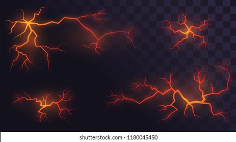 Set of volcanic cracks with lava on a transparent background, glowing crevices