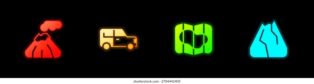 Conjunto Volcán, coche, mapa de Islandia y montañas icono. Vector