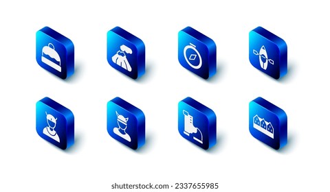 Set Volcano, Compass, Kayak and paddle, Norwegian wooden house, Winter warm boot, Viking head,  and Beanie hat icon. Vector