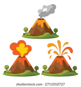 Illustrationen zum Vulkanausbruch, einzelne Vektorgrafik auf weißem Hintergrund