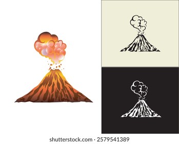 set of volcano eruption image, vector hand drawn