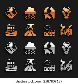 Set Volcano eruption with lava, Face in protective mask, Car exhaust, Drought, House flood, Global warming, Hand holding Earth globe and Cloud rain icon. Vector