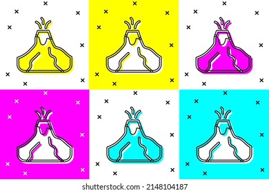 Set Volcano eruption with lava icon isolated on color background.  Vector