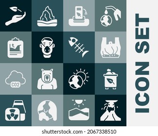 Set Volcano eruption with lava, Recycle bin recycle, Say to plastic bags poster, Petrol or gas station, Face protective mask, Global warming, Sprout hand and Dead fish icon. Vector