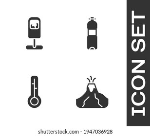 Set Volcano eruption with lava, Trash, Meteorology thermometer and Bottle of water icon. Vector