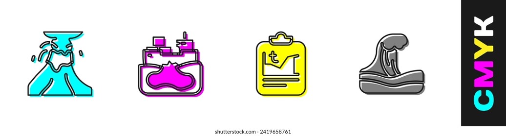Set Volcano eruption with lava, Wrecked oil tanker ship, Global warming and Tsunami icon. Vector
