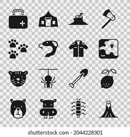 Set Volcano eruption, Lemon, Africa safari map, Tree stump, Snake, Paw print, First aid kit and Shirt icon. Vector