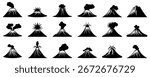 Set of volcano eruption silhouettes, black vector illustration on white background.