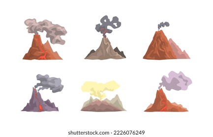 Set of volcano eruption. Volcanoes with magma, smoke and ash vector illustration
