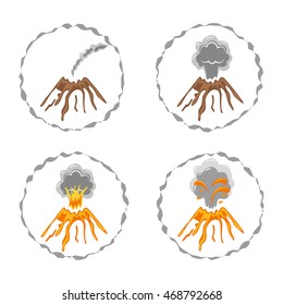 Set of volcano logos isolated on white. Different stages of volcano activity. Vector illustration. 