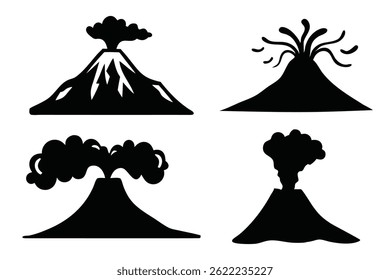 Set of volcano silhouettes isolated flat vector illustration on white background.