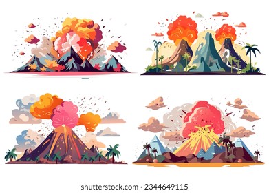 Set of volcanoes in the cartoon design. An artistic design depicting a set of majestic volcanoes in eruption. Vector illustration.