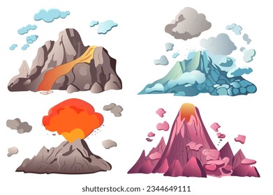 Conjunto de volcanes en el diseño de dibujos animados. Diseño visual impresionante que ilustra el poder y belleza de la actividad volcánica. Ilustración vectorial.