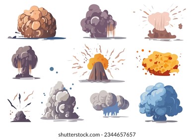 Set of volcanoes in the cartoon style. Fascinating illustration of a set of fiery eruptions of various volcanoes. Vector illustration.