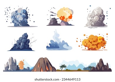 Set of volcanoes in the cartoon style. An immersive illustration capturing a set of erupting volcanoes against a dramatic backdrop. Vector illustration.