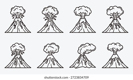 Conjunto de vulcões em erupção em diferentes estilos e formas várias ilustrações