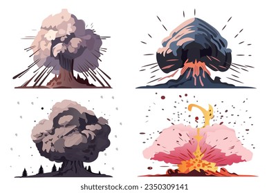 Set of volcanoes in the flat cartoon design. A stunning set of illustrations showing majestic colored volcanoes with clouds of smoke. Vector illustration.