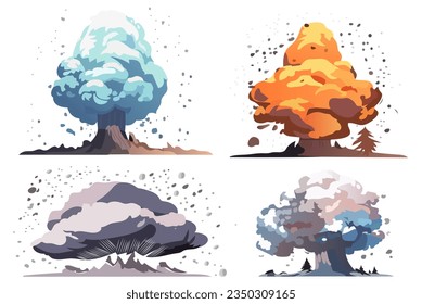 Set of volcanoes in the flat cartoon design. A fascinating collection of illustrations depicting the beauty and power of volcanoes. Vector illustration.