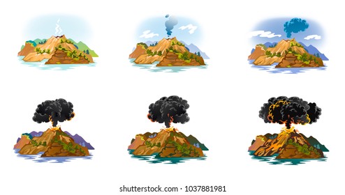 A set of volcanoes of varying degrees of eruption, a sleeping or awakening dangerous vulcan, salute from magma ashes and smoke fly out from volcano, lava flowing down vector illustration