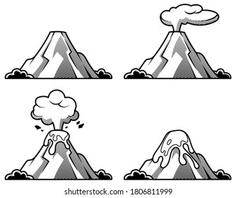 Set of volcanoes of varying degrees of eruption. Illustration in engraving style.