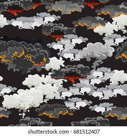A set of volcanoes of varying degrees of eruption, a sleeping or awakening dangerous vulcan, salute from magma ashes and smoke fly out from volcano, lava flowing down the mountain vector illustration