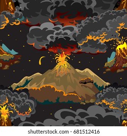 A set of volcanoes of varying degrees of eruption, a sleeping or awakening dangerous vulcan, salute from magma ashes and smoke fly out from volcano, lava flowing down the mountain vector illustration